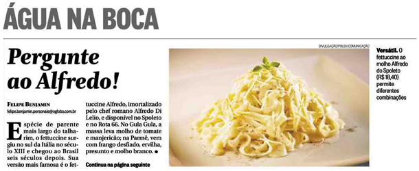 Spoleto é destaque no Água na Boca Tijuca com fettuccine Alfredo